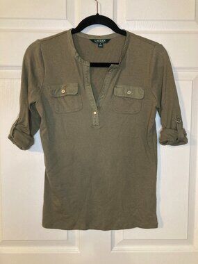 Lauren Ralph Lauren Women's Army Green 1/2 Sleeve Blouse - Size S